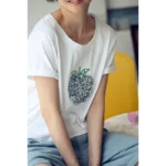 Kf Se504389f91de46b6b145ff73c991ae2bo T8851c Korean Style Exquisite Flower Saving Apple Pattern White T Shirt Pure Cotton Slim Top For